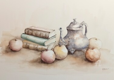 Peinture intitulée "Pommes, livres et v…" par Marie-Charlotte Houpeurt-Chauffeté, Œuvre d'art originale, Aquarelle