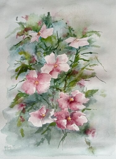 Malerei mit dem Titel "Clématites roses pâ…" von Marie-Charlotte Houpeurt-Chauffeté, Original-Kunstwerk, Aquarell