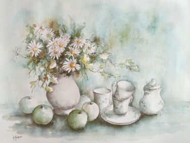 Painting titled "Marguerites, pommes…" by Marie-Charlotte Houpeurt-Chauffeté, Original Artwork, Watercolor
