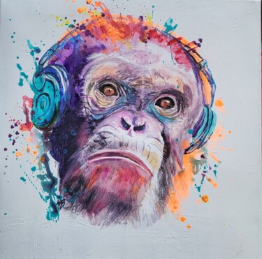 Malerei mit dem Titel "Le singe connecté" von Marie Christine Baussand, Original-Kunstwerk, Tinte