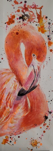 Painting titled "Le flamand rose" by Marie Christine Baussand, Original Artwork, Ink Mounted on Wood Stretcher frame