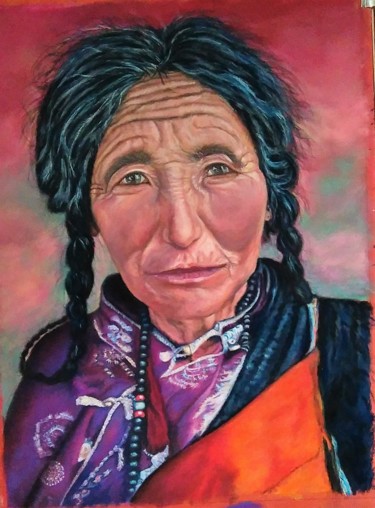 Peinture intitulée "La vieille tibétaine" par Mariebretonne, Œuvre d'art originale, Pastel