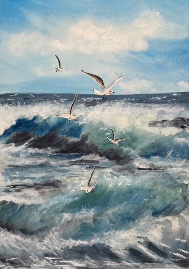 Peinture intitulée "La mer déchaînée" par Marie-Christine London, Œuvre d'art originale, Aquarelle