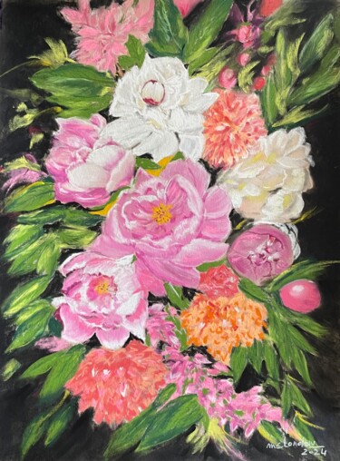 Ζωγραφική με τίτλο "Le bouquet de pivoi…" από Marie-Christine London, Αυθεντικά έργα τέχνης, Παστέλ