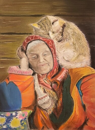 Peinture intitulée "Le vieille dame et…" par Marie-Christine London, Œuvre d'art originale, Pastel