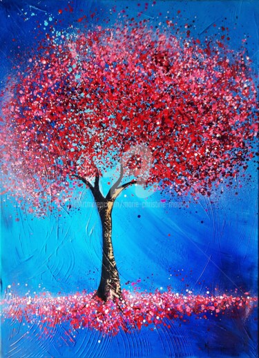 Schilderij getiteld "Red tree" door Marie-Christine Maudet, Origineel Kunstwerk, Acryl Gemonteerd op Frame voor houten branc…