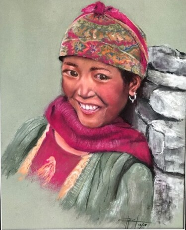 Malerei mit dem Titel "L'écharpe rouge" von Marie-Christine Rivel, Original-Kunstwerk, Pastell