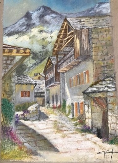 Peinture intitulée "Village montagnard" par Marie-Christine Rivel, Œuvre d'art originale, Pastel