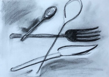 Painting titled "I love my kitchen" by Marie-Claire Bagnato, Original Artwork, Charcoal