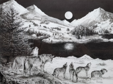 Zeichnungen mit dem Titel "Meute de loups" von Marie-Claude Guérineau, Original-Kunstwerk, Tinte