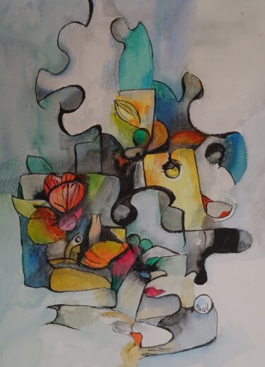 Картина под названием "PUZZLE" - Marie-Claude Guillemot, Подлинное произведение искусства, Акварель