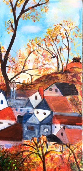 Peinture intitulée "Mon village en roug…" par Marie Claude Lambert, Œuvre d'art originale, Acrylique