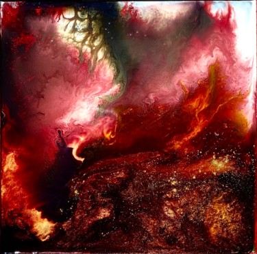 Peinture intitulée "Le réveil du volcan" par Marie Claude Lambert, Œuvre d'art originale, Peinture vitrail