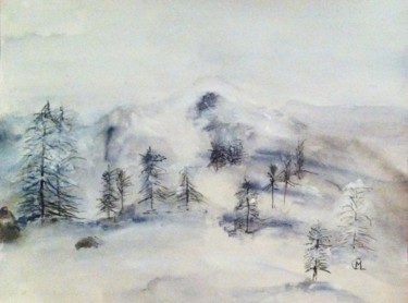 Painting titled "Paysage d'hiver" by Marie Claude Lambert, Original Artwork, Watercolor
