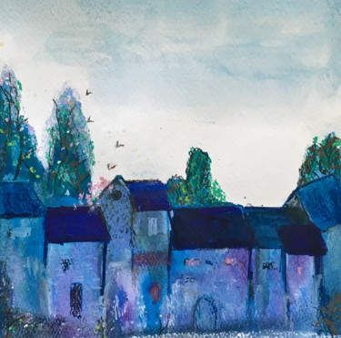 Pintura titulada "Maisons bleues" por Marie Claude Lambert, Obra de arte original, Pastel