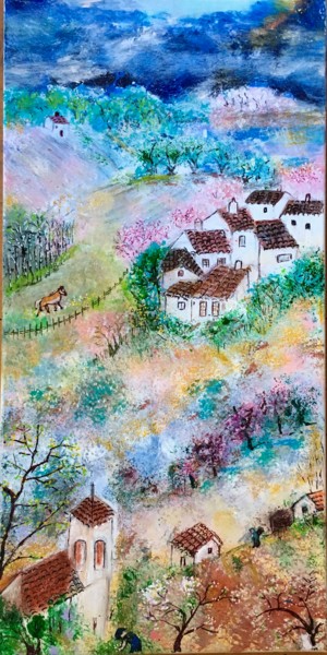 Pintura intitulada "Petit village entre…" por Marie Claude Lambert, Obras de arte originais, Acrílico