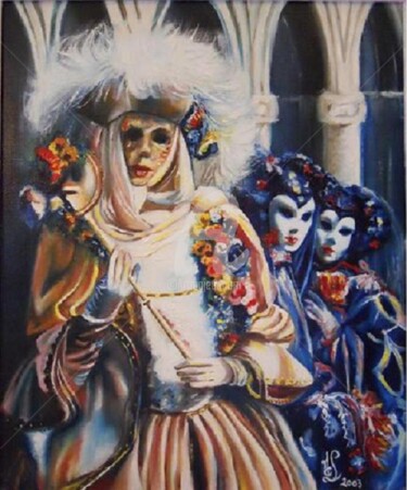 Peinture intitulée "Groupe au masque bl…" par Marie-Claude Lempereur-Laurent, Œuvre d'art originale, Huile