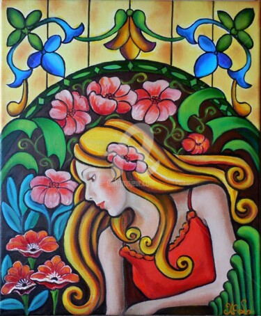 Peinture intitulée "Demoiselle au jardi…" par Marie-Claude Lempereur-Laurent, Œuvre d'art originale, Huile