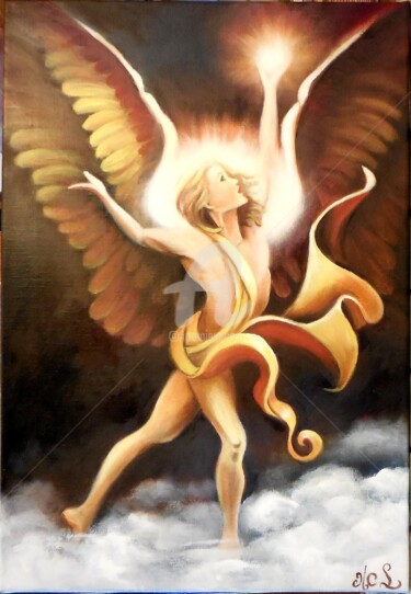 Peinture intitulée "L'Ange-de-lumiere.j…" par Marie-Claude Lempereur-Laurent, Œuvre d'art originale, Huile