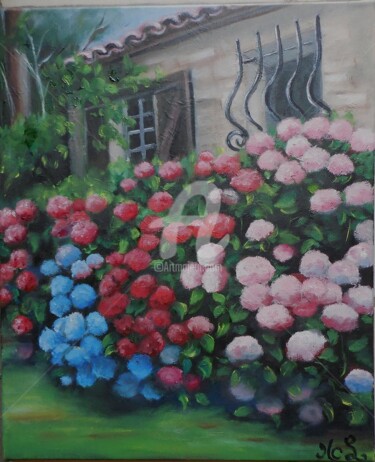 Картина под названием "Hortensias.jpg" - Marie-Claude Lempereur-Laurent, Подлинное произведение искусства, Масло