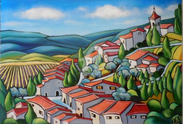 Картина под названием "Petit-village-perch…" - Marie-Claude Lempereur-Laurent, Подлинное произведение искусства, Масло