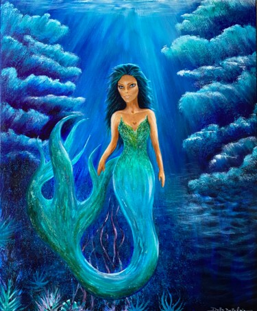 Painting titled "Sirène des Abysses" by Marie Della Bella, Original Artwork, Acrylic Mounted on Wood Stretcher frame