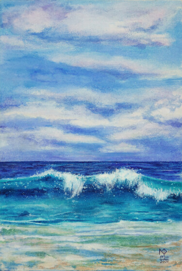 Malerei mit dem Titel "AZURE WAVE ON A CLO…" von Marie Faleeva, Original-Kunstwerk, Acryl