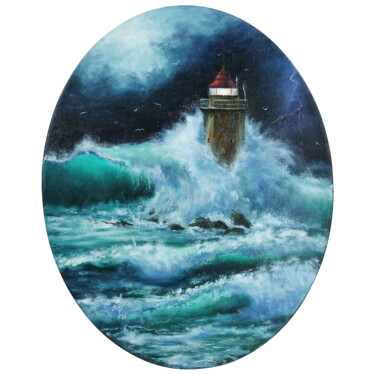 Painting titled "Lighthouse and stor…" by Marie Faleeva, Original Artwork, Oil