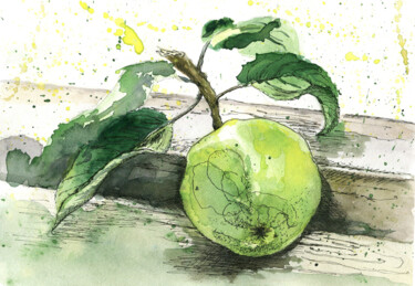 Painting titled "Green apple small w…" by Marie Faleeva, Original Artwork, Watercolor