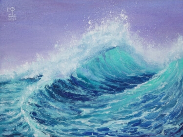 Painting titled "Stormy mint wave sp…" by Marie Faleeva, Original Artwork, Oil