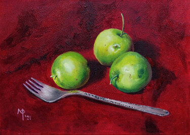 Painting titled "Oil etude 'Green ap…" by Marie Faleeva, Original Artwork, Oil Mounted on Wood Stretcher frame