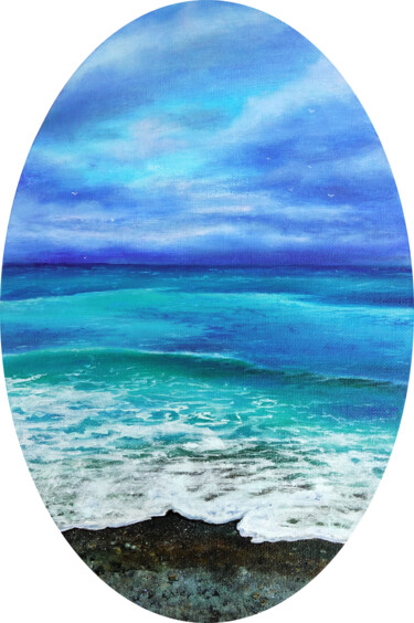 Painting titled "Azure sea, small si…" by Marie Faleeva, Original Artwork, Oil Mounted on Cardboard