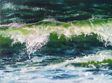 Painting titled "Green sea splash. S…" by Marie Faleeva, Original Artwork, Oil Mounted on Cardboard