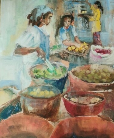 Painting titled "Marché de Bali" by Marie Feougier, Original Artwork, Oil Mounted on Wood Stretcher frame