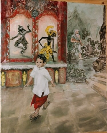 Pintura intitulada "L'enfant au temple" por Marie Feougier, Obras de arte originais, Óleo Montado em Armação em madeira