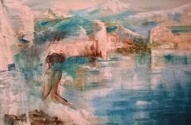Painting titled "La rêveuse du lac" by Marie Feougier, Original Artwork, Oil Mounted on Wood Stretcher frame