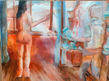 绘画 标题为“Le peintre et son m…” 由Marie Feougier, 原创艺术品, 油 安装在木质担架架上