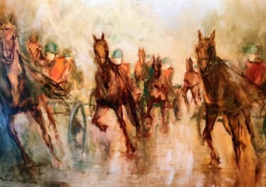 Painting titled "A L'hippodrome" by Marie Feougier, Original Artwork, Oil Mounted on Wood Stretcher frame