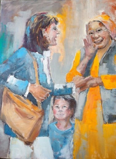 Painting titled "DOLMA La rencontre" by Marie Feougier, Original Artwork, Oil Mounted on Wood Stretcher frame