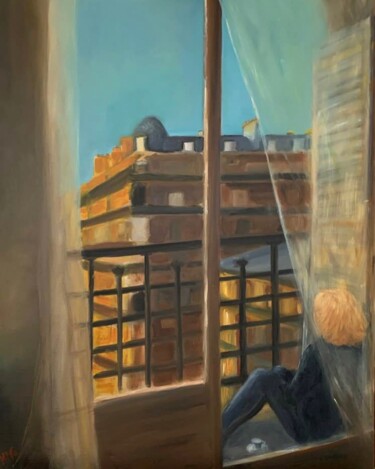 Schilderij getiteld "Le balcon" door Marie France Garrigues, Origineel Kunstwerk, Olie Gemonteerd op Frame voor houten branc…