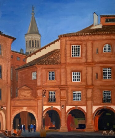 Painting titled "La Place Nationale…" by Marie France Garrigues, Original Artwork, Oil Mounted on Wood Stretcher frame