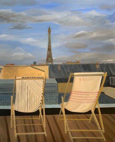 Painting titled "Un soir à Paris" by Marie France Garrigues, Original Artwork, Oil Mounted on Wood Stretcher frame