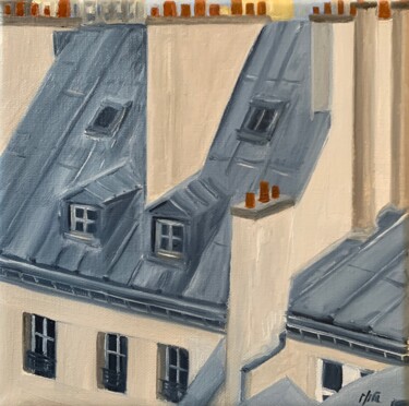 Картина под названием "Toits" - Marie France Garrigues, Подлинное произведение искусства, Масло Установлен на Деревянная рам…
