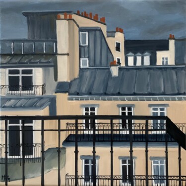 Painting titled "Vue sur les toits (…" by Marie France Garrigues, Original Artwork, Oil Mounted on Wood Stretcher frame