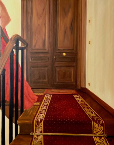 Painting titled "L'escalier (2)" by Marie France Garrigues, Original Artwork, Oil Mounted on Wood Stretcher frame