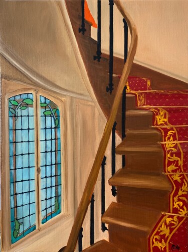 Schilderij getiteld ""L'escalier" (3)" door Marie France Garrigues, Origineel Kunstwerk, Olie Gemonteerd op Frame voor houte…