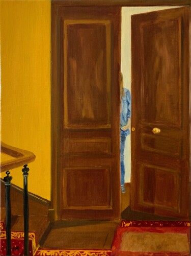 Painting titled "La porte entr'ouver…" by Marie France Garrigues, Original Artwork, Oil Mounted on Wood Stretcher frame