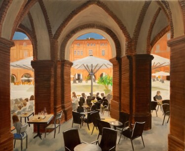 Painting titled "La Place Nationale…" by Marie France Garrigues, Original Artwork, Oil Mounted on Wood Stretcher frame