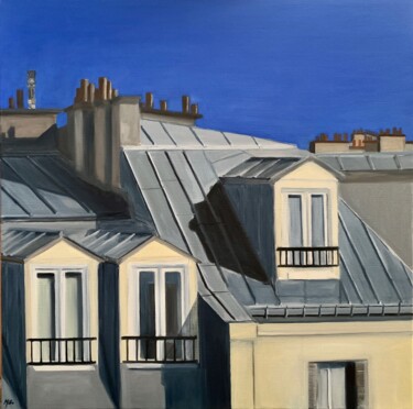 Painting titled "Vue sur les toits (…" by Marie France Garrigues, Original Artwork, Oil Mounted on Wood Stretcher frame