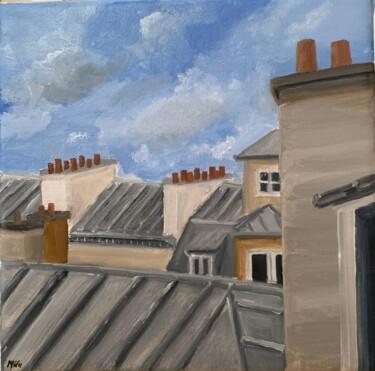 Painting titled "balade sur les toits" by Marie France Garrigues, Original Artwork, Oil Mounted on Wood Stretcher frame